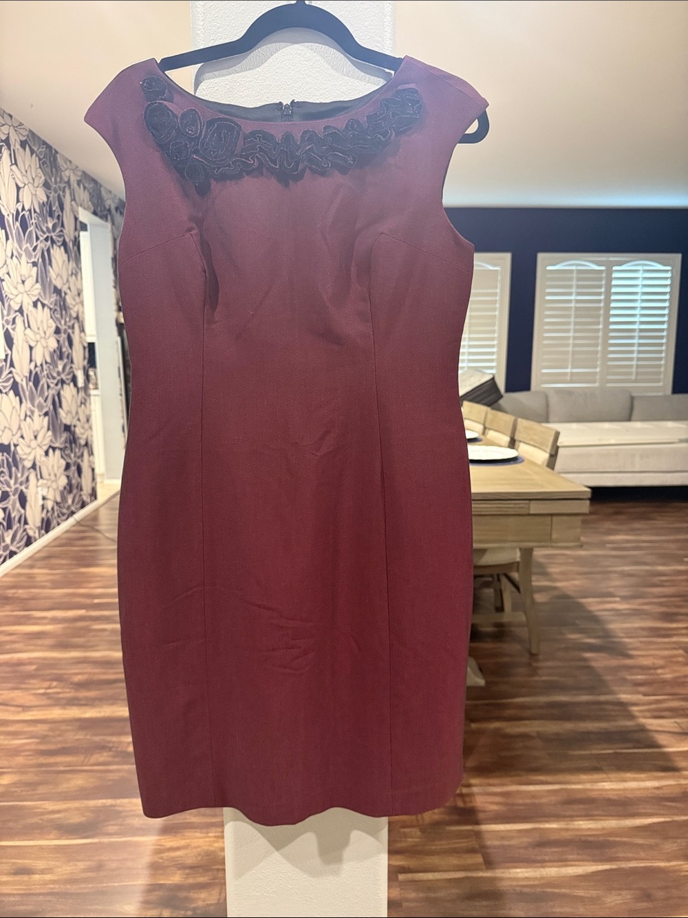 Evan Picone Wine Sleeveless Sheath Dress with Embroidered Neck